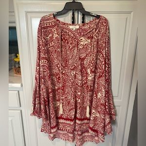 UMGEE Red paisley dress with tassel and bell sleeves, size 1XL